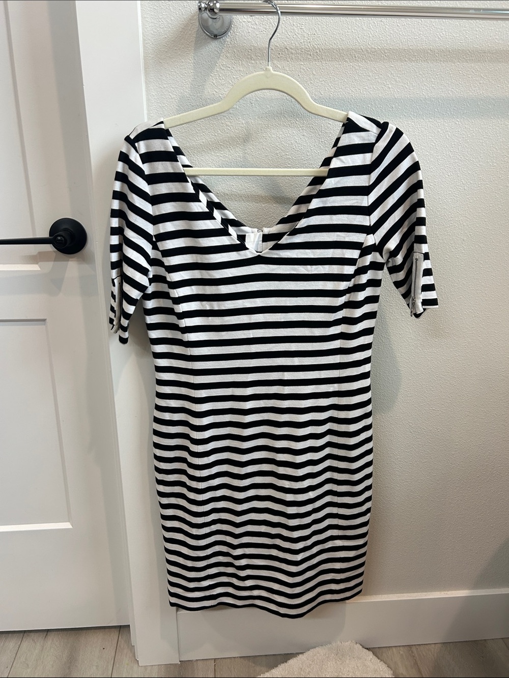 Banana Republic Black & White Striped V-Neck Midi Dress